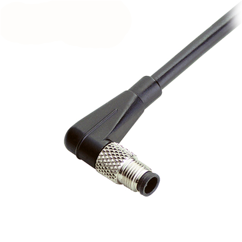 M5 3pins A code male right angle cable,unshielded,PVC,-10°C~+80°C,26AWG 0.14mm²,brass with nickel plated screw